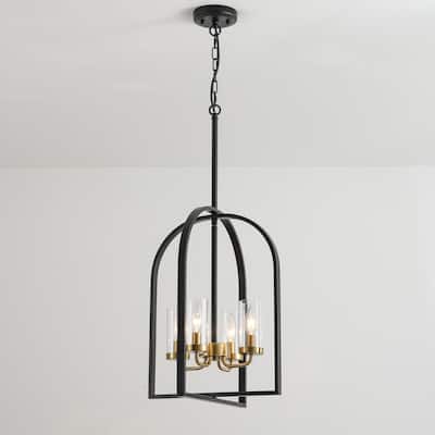 4-Light Farmhouse Industrial Matte Black Lattern Cage Chandelier with Clear Glass Tube for Use in Kitchen Island, Dining Room