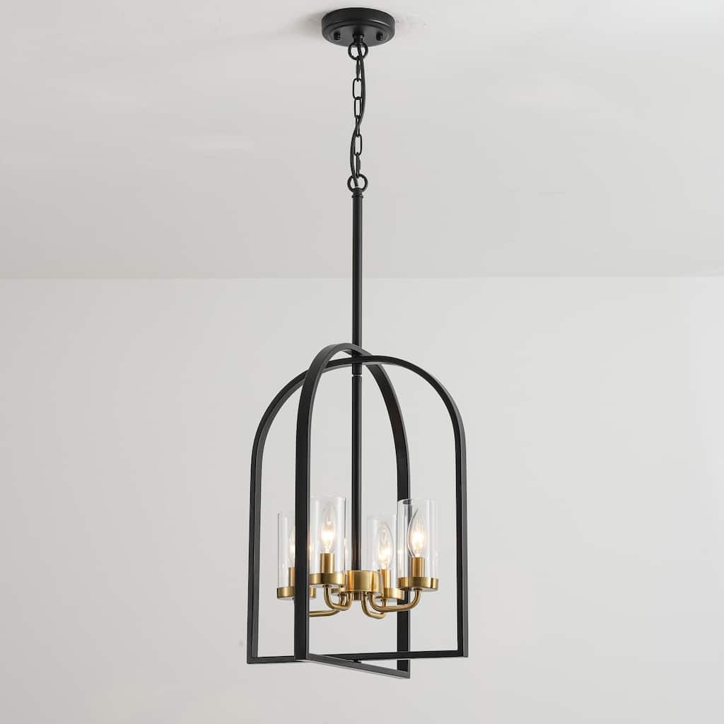 4-Light Farmhouse Industrial Matte Black Lattern Cage Chandelier with Clear Glass Tube for Use in Kitchen Island, Dining Room