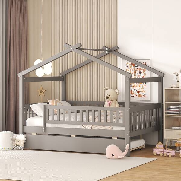 slide 2 of 20, Full Size Wooden House Bed with Twin Size Trundle and Headboards Grey