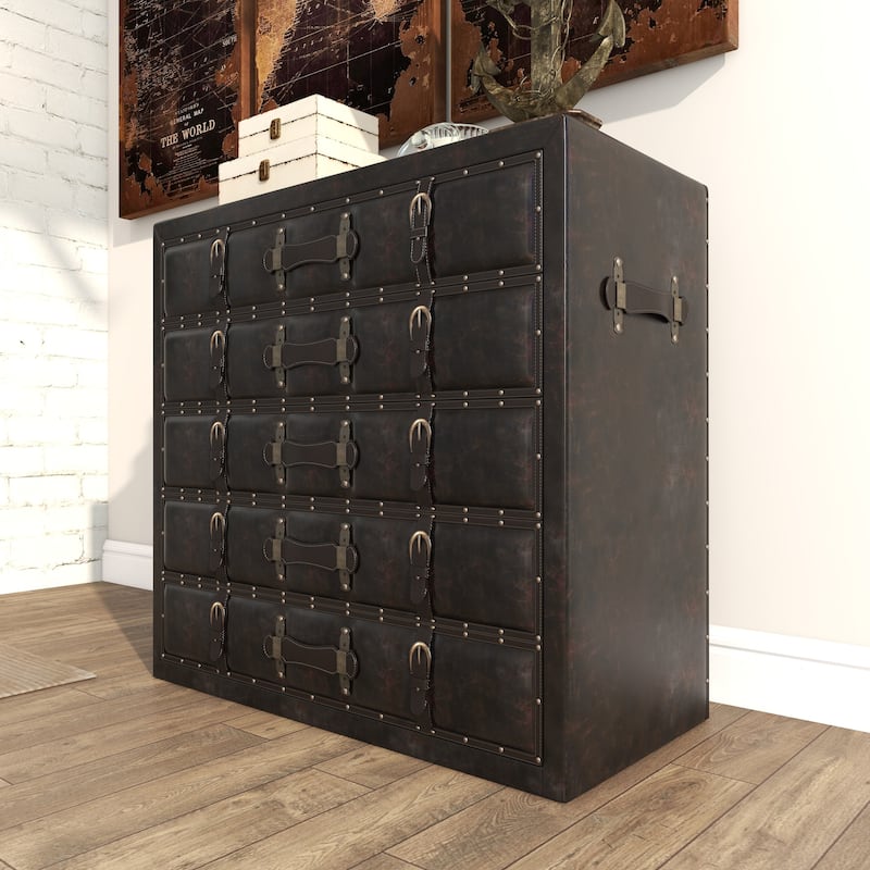 Black Wooden Vintage Faux Leather Room Chest with Buckles and Straps Detailing
