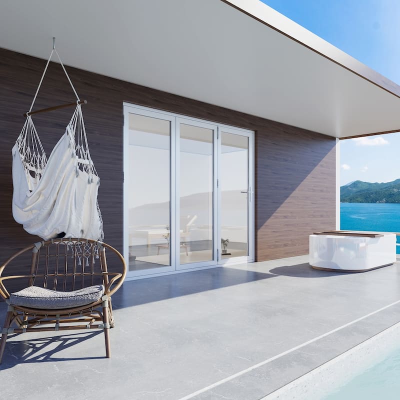 KaMic 108"×80" 3 Panels Aluminum Folding Door In White,Folded Out From Right To Left Model #: FD3PWH10880-RL