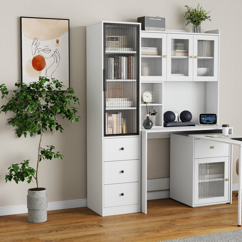 White Storage Cabinet, Modern Freestanding Narrow Bookcase with Glass Doors, Storage Drawers Wood File Cabinets for Home Office