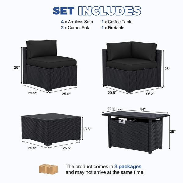 dimension image slide 1 of 12, AOXUN Fire Pit Conversation Set Rattan Sofa Set Outdoor Furniture With Cushions