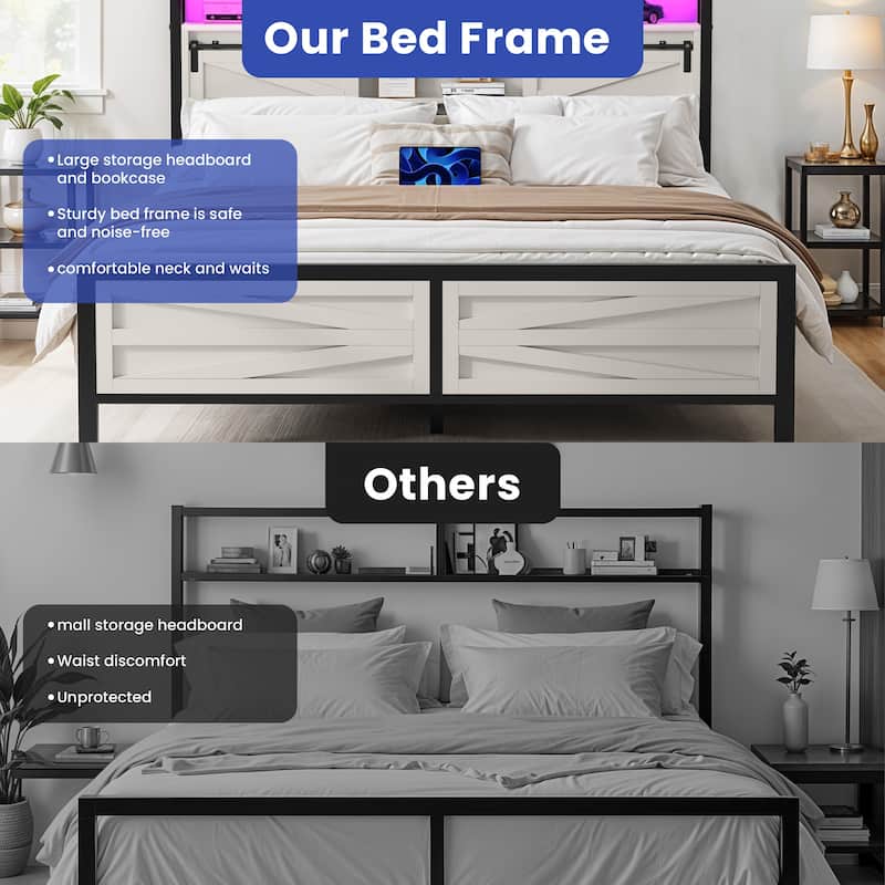White Farmhouse Bed Frame with Sliding Barn Door Storage Cabinets