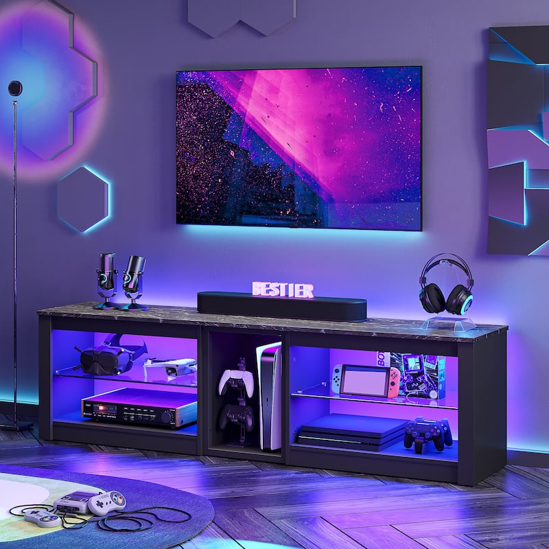 63" TV Stand Gaming Entertainment Center for TVs up to 70" with LED Lights Cabinet and Shelves