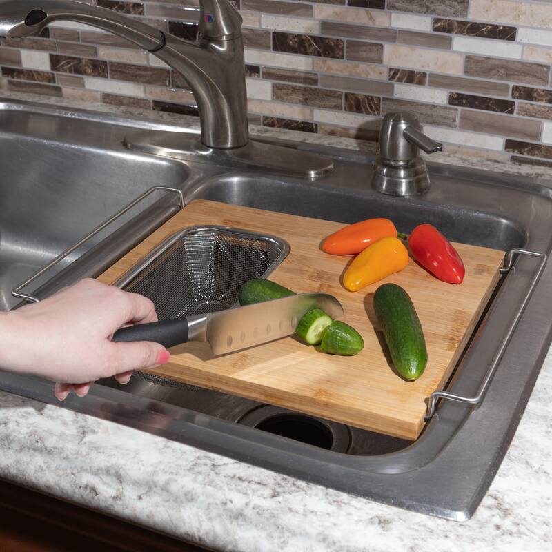 Cutting Board with Strainer - 2 in 1 Adjustable Bamboo Chopping Board with Removable Stainless Steel Colander by Classic Cuisine