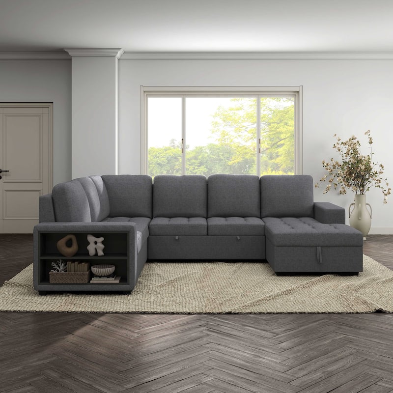 Furniture of America Jaquel Modern Biscuit Tufted Seat Sleeper Sofa Sectional with Storage Shelves and USB Ports