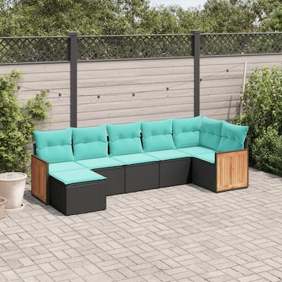 vidaXL 7 Piece Patio Sofa Set with Cushions Black Poly Rattan