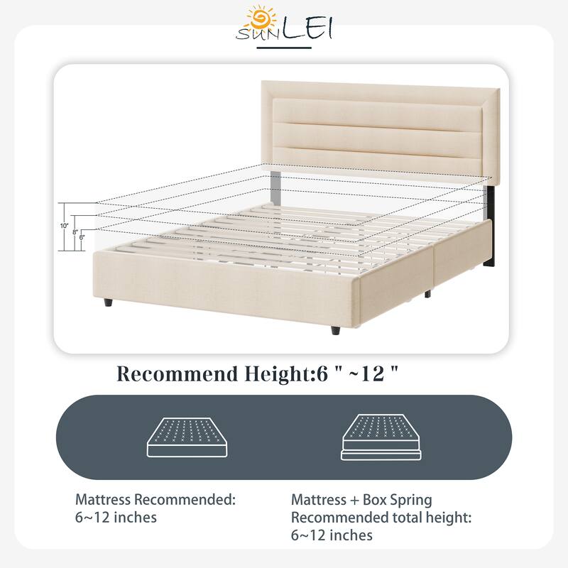 Full & Queen Size Storage Bed Frame with 4 Lockable Drawers, Adjustable Headboard