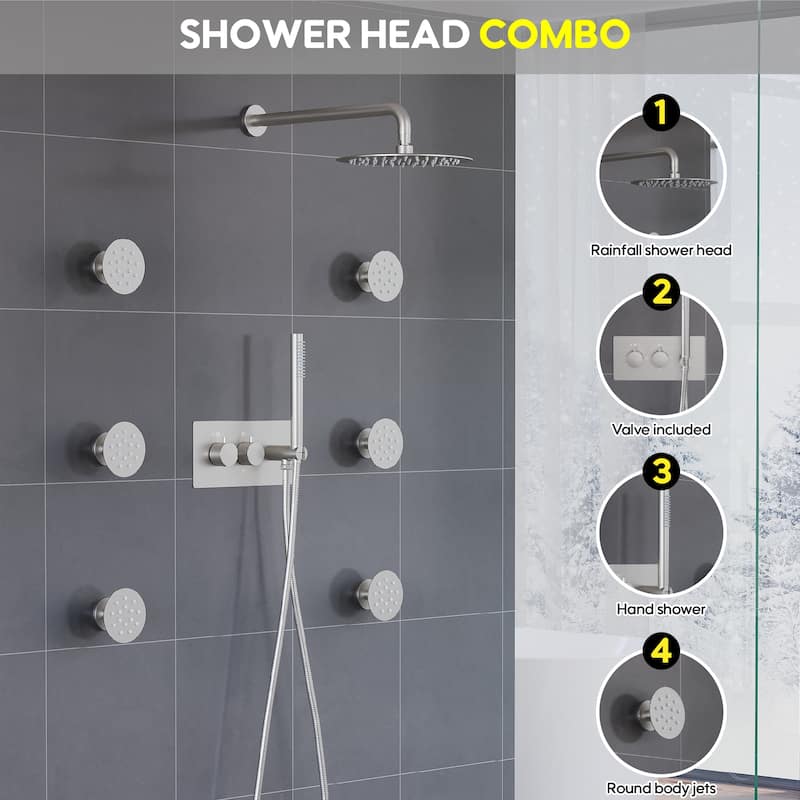 Thermostatic Shower System with 10" Ultra-Thin Round Shower Head,Body Jets And Hand Shower