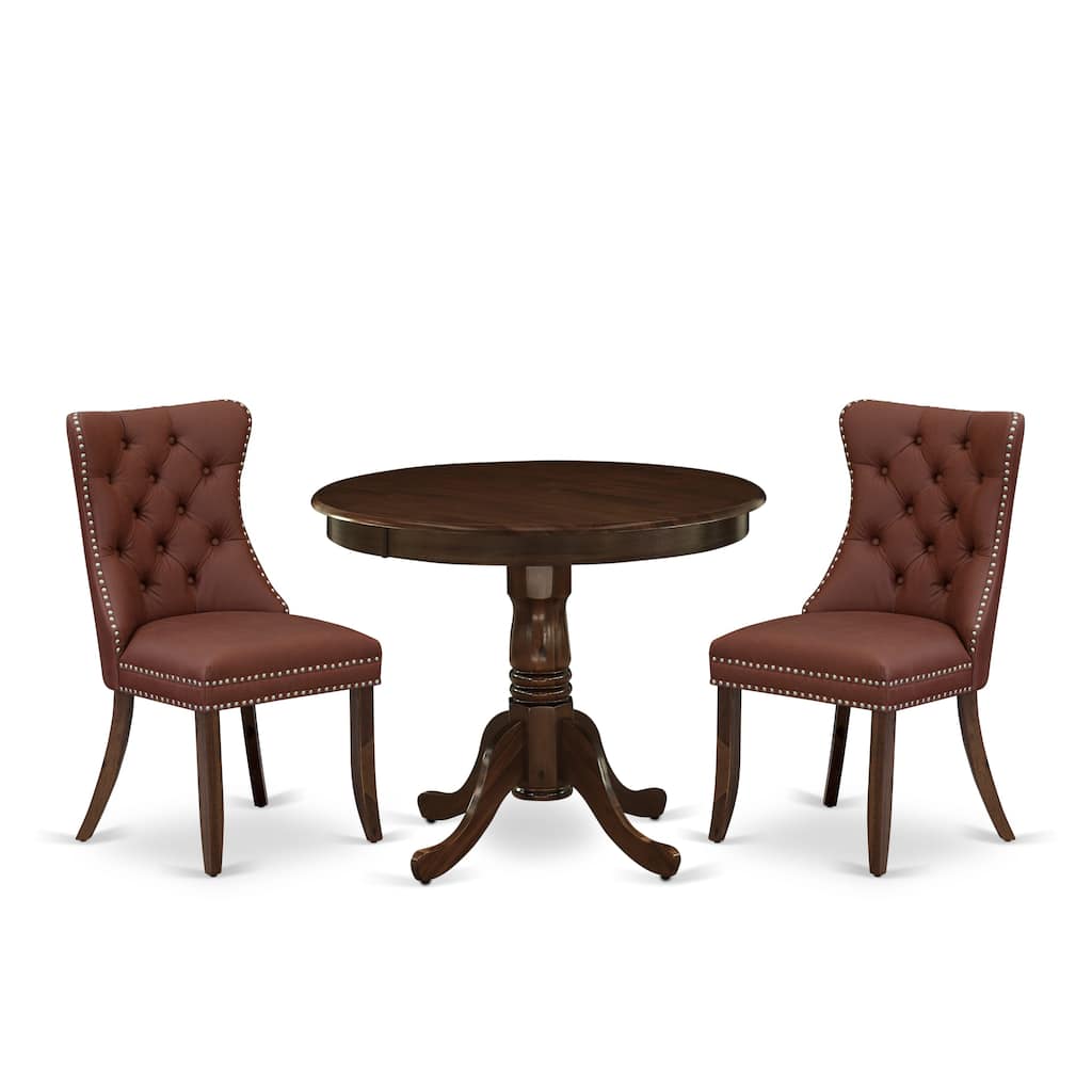 East West Furniture Dining Set Includes a Round Kitchen Table and Upholstered Chairs, Antique Walnut (Pieces Options)