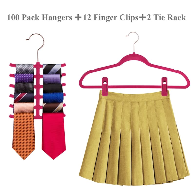 Javlergo 50/100 Pack Velvet Hangers, Heavy Duty Non Slip & Space-Saving Cloth Hangers with 6 Finger Clips & Tie Rack