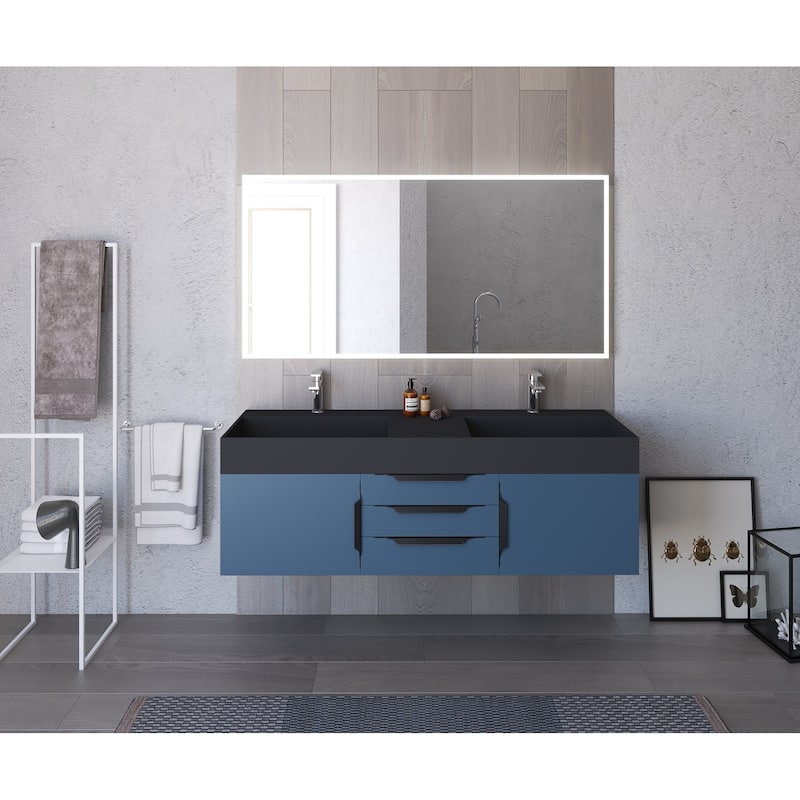 Amazon 60" Wall Mounted Bathroom Vanity Set w/ Black Top