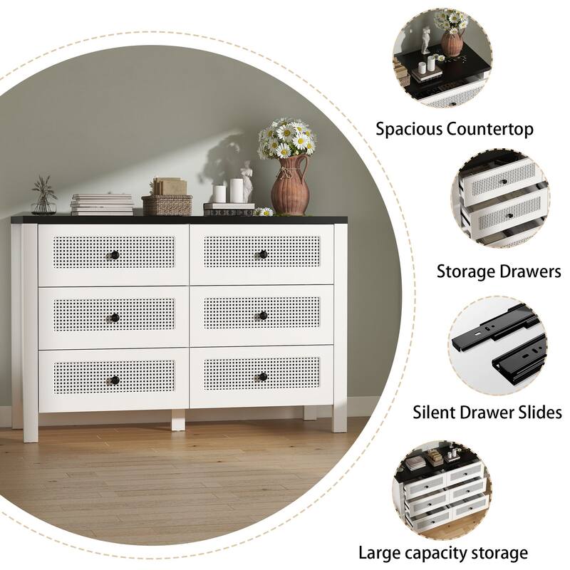 Fluted 6 Drawer Dresser for Bedroom, 47.2 Inch Wide Modern Wooden Chest of Drawers with Metal Handles