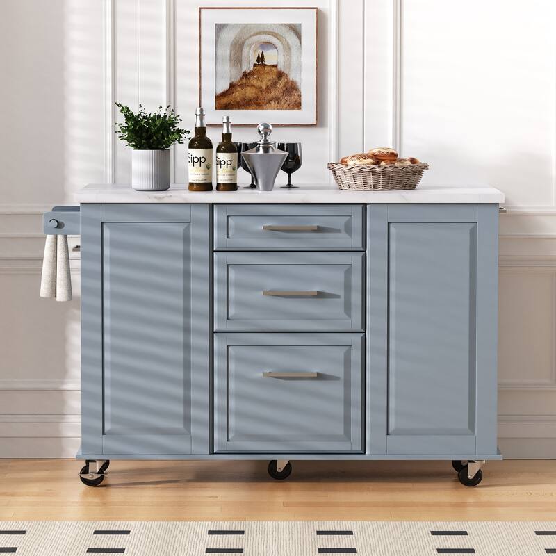 50.7" Kitchen Island with Drop Leaf, Pull Out Cabinet Organizer, Rolling Wheels, Trash Bin and 2 Drawers - Grey+Blue