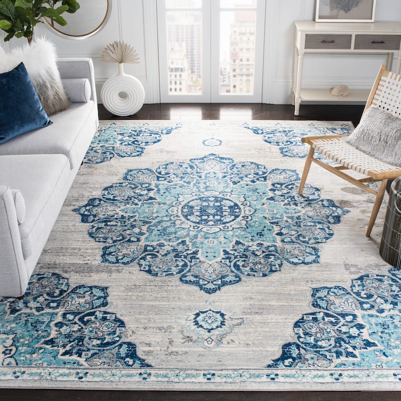 SAFAVIEH Brentwood Kiran Oriental Medallion Rug - 9' Square - Navy/Light Grey