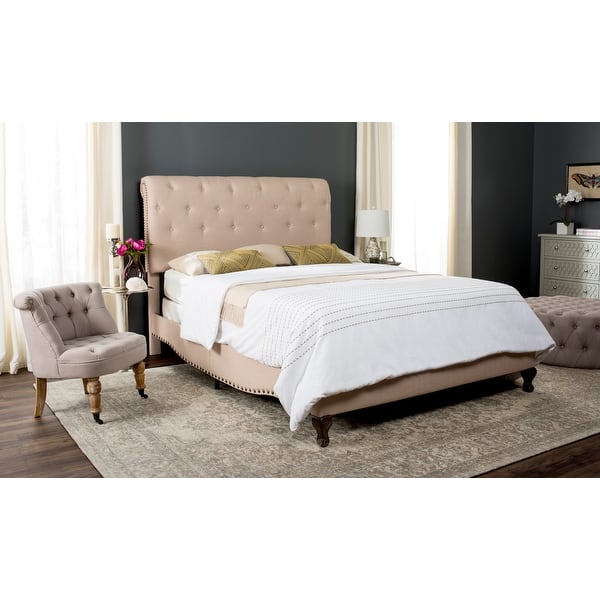slide 2 of 9, SAFAVIEH Hathaway Light Beige Linen Upholstered Tufted Rolled Back Bed (Full)