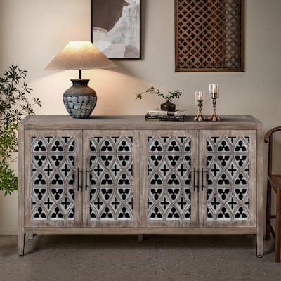 Antique Brown Country Style 59.8" TV Stand Cabinet with Wooden Hollowed Out Door and Storage Shelf for Living Room
