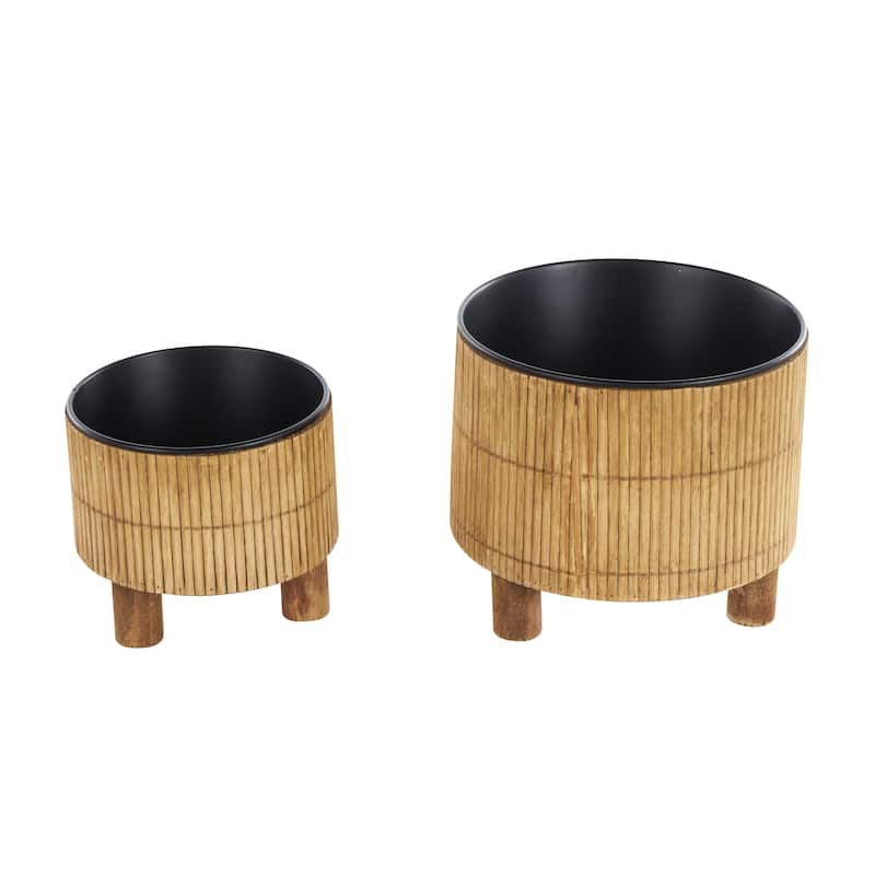 Bamboo Wood Handmade Indoor Planter with Black Metal Interior - Set of 2 Brown - Roche River Decor