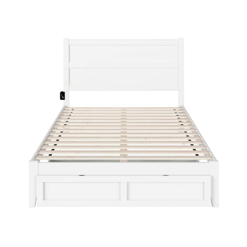 Rustic Bed with Storage Drawer - Modern Platform Bed Frame - White Finish - Home Bedroom Furniture