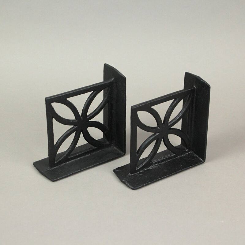 Zeckos Black Cast Iron Floral Breeze Block Bookends (Set Of 2) - 5 X 5.25 X 2.25 inches