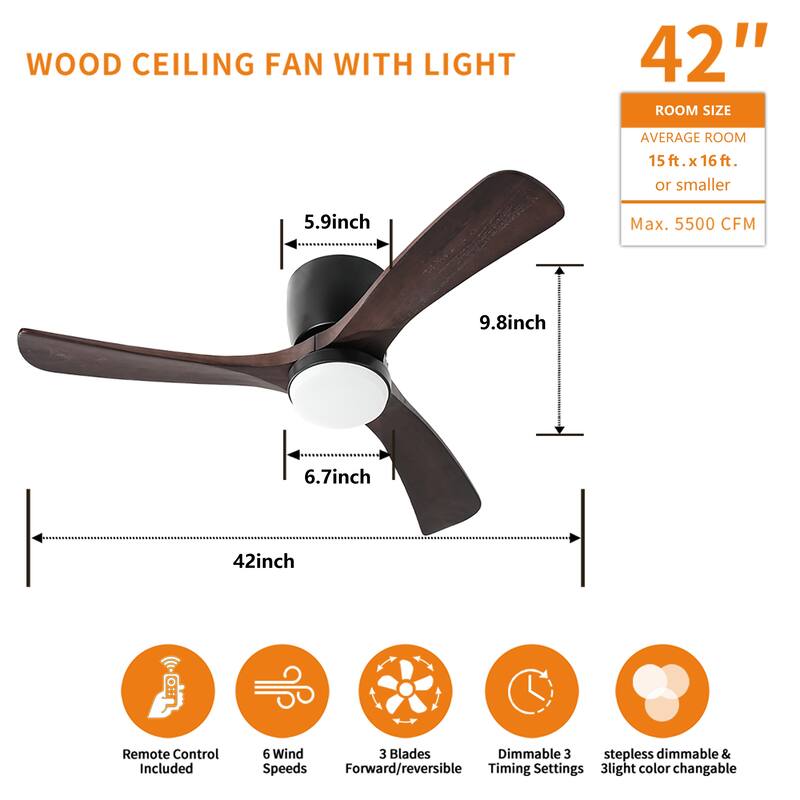 42" Solid Wood Ceiling Fan with Light-Flush Mount, Dc Motor (Dark Purple Walnut)