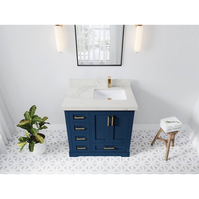 Willow Collections 36 x 22 Boston Right Offset Sink Bathroom Vanity with Quartz or Marble Countertop - 2"Calacatta Nuvo - Navy Blue