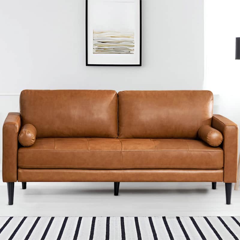 Marisa Genuine Oversized Mid-Century Leather Sofa, Wooden Legs Sectional Sofa, Superior Comfort for Living Room - Tan