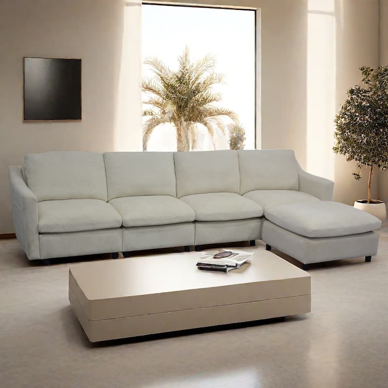 4-Seater Modern Beige Fabric Modular Sofa with Ottoman, Armrest Pockets and 4 Pillows