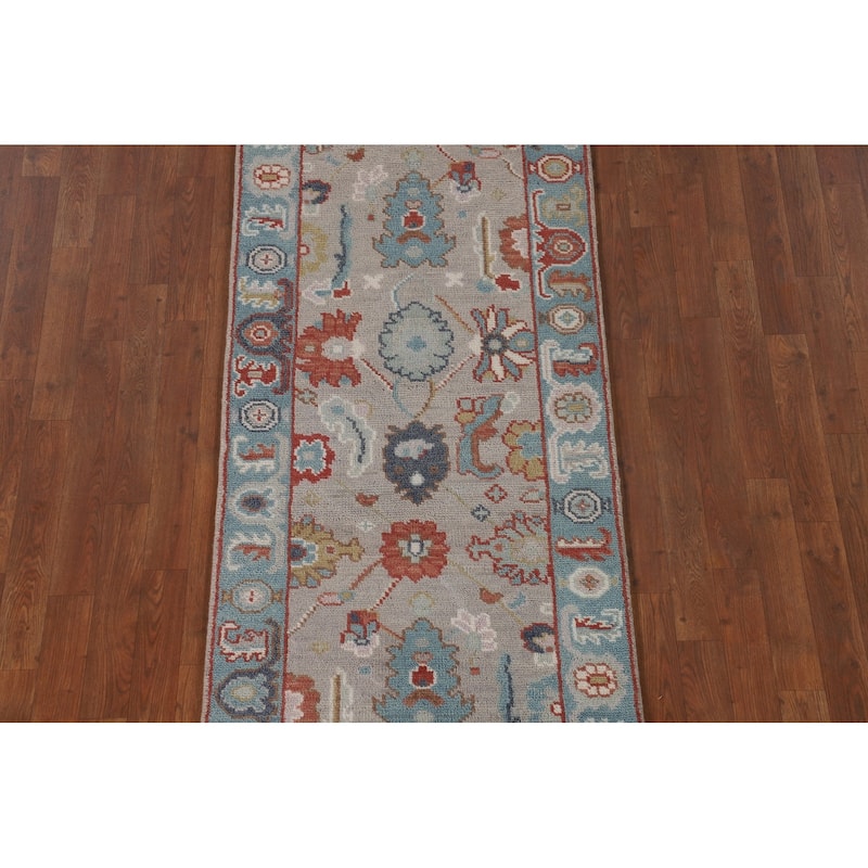Floral Gray Oushak Oriental Runner Rug Handmade Wool Carpet - 2'7"x 7'11"