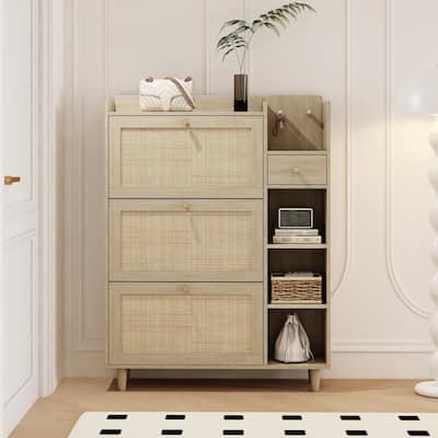 Natural Bohemia Style Shoe Cabinet with 3 Rattan Flip Drawers and 3 Cube Storage Shelves
