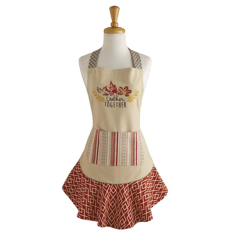 "Gather Together" Fall Harvest Apron with Ruffles 28.5" Beige Orange