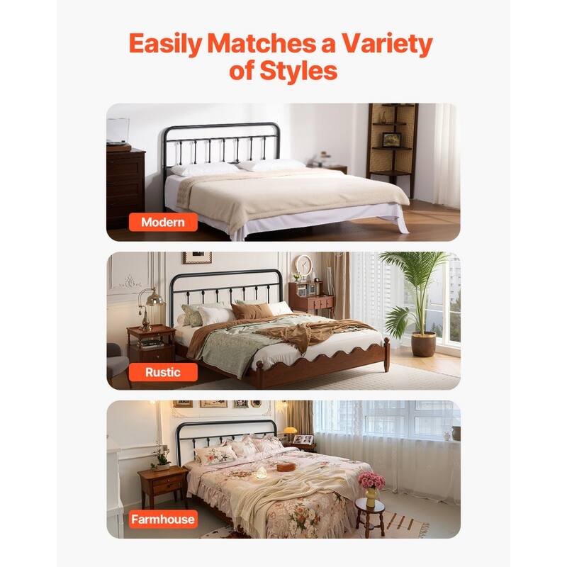 Black Metal Vintage Bed Frame Queen Size Headboard with Carbon Steel Construction