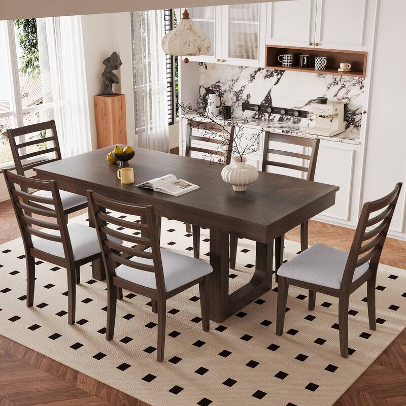 7-Piece Extendable Dining Set with 6 Linen Chairs, Rustic Upholstered Chairs High-Back Chairs Extendable Dining Table