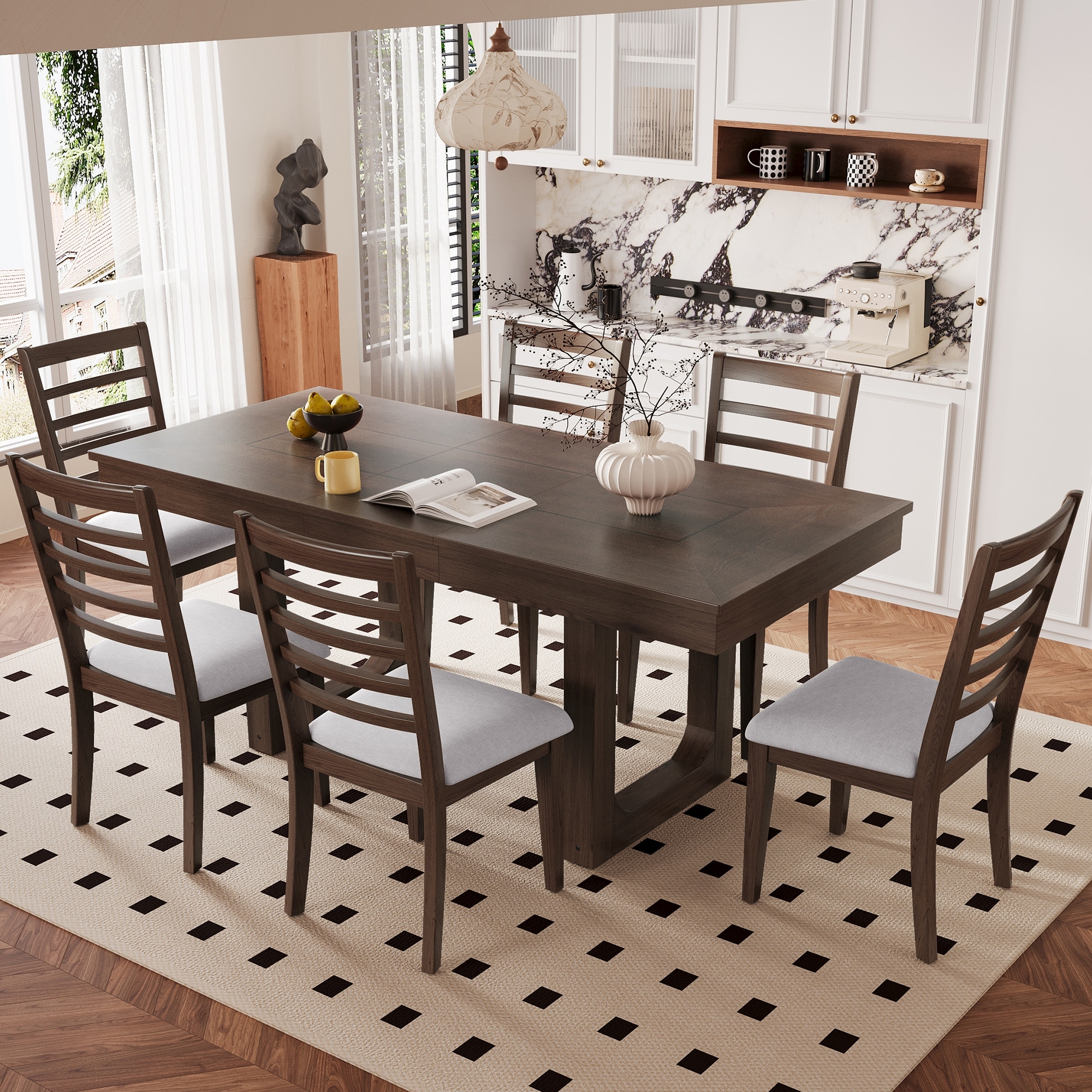 Farmhouse 7 Piece Dining Table Set with Extendable Wooden Table with 6 Chairs for Rustic Dining Spaces