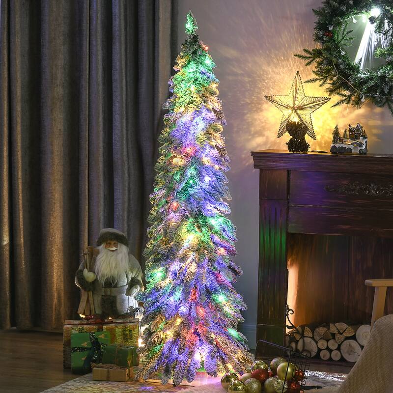 HOMCOM 5ft Tall Prelit Pencil Artificial Christmas Tree Holiday Décor with 334 Snow Flocked Branches, Downswept Shape - 5.91 ft - 5 Foot