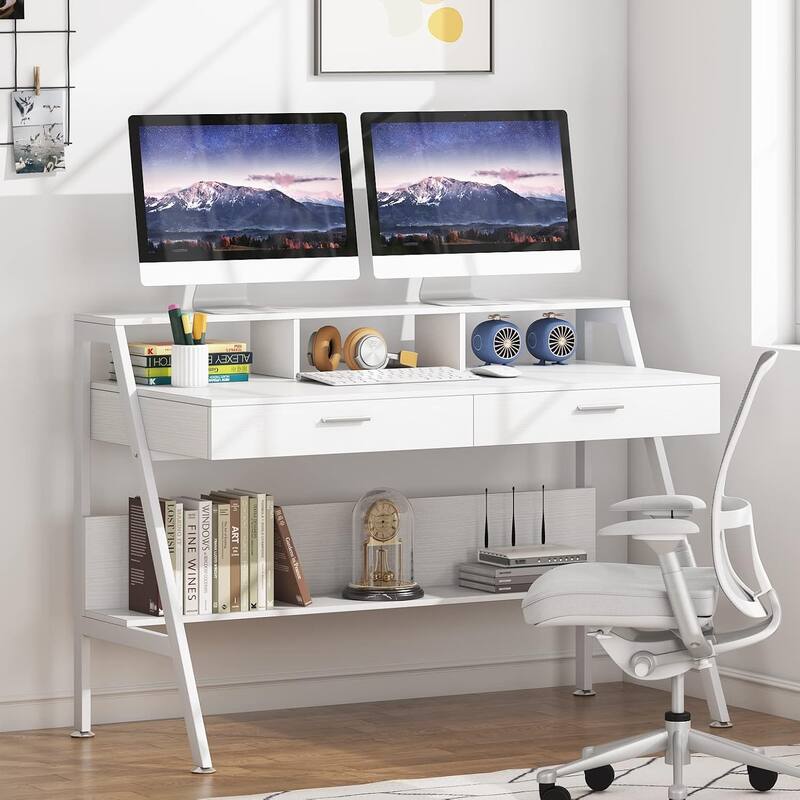47 Inches White Engineered Wood Computer Desk with Storage Shelf & Monitor Stand Riser - White