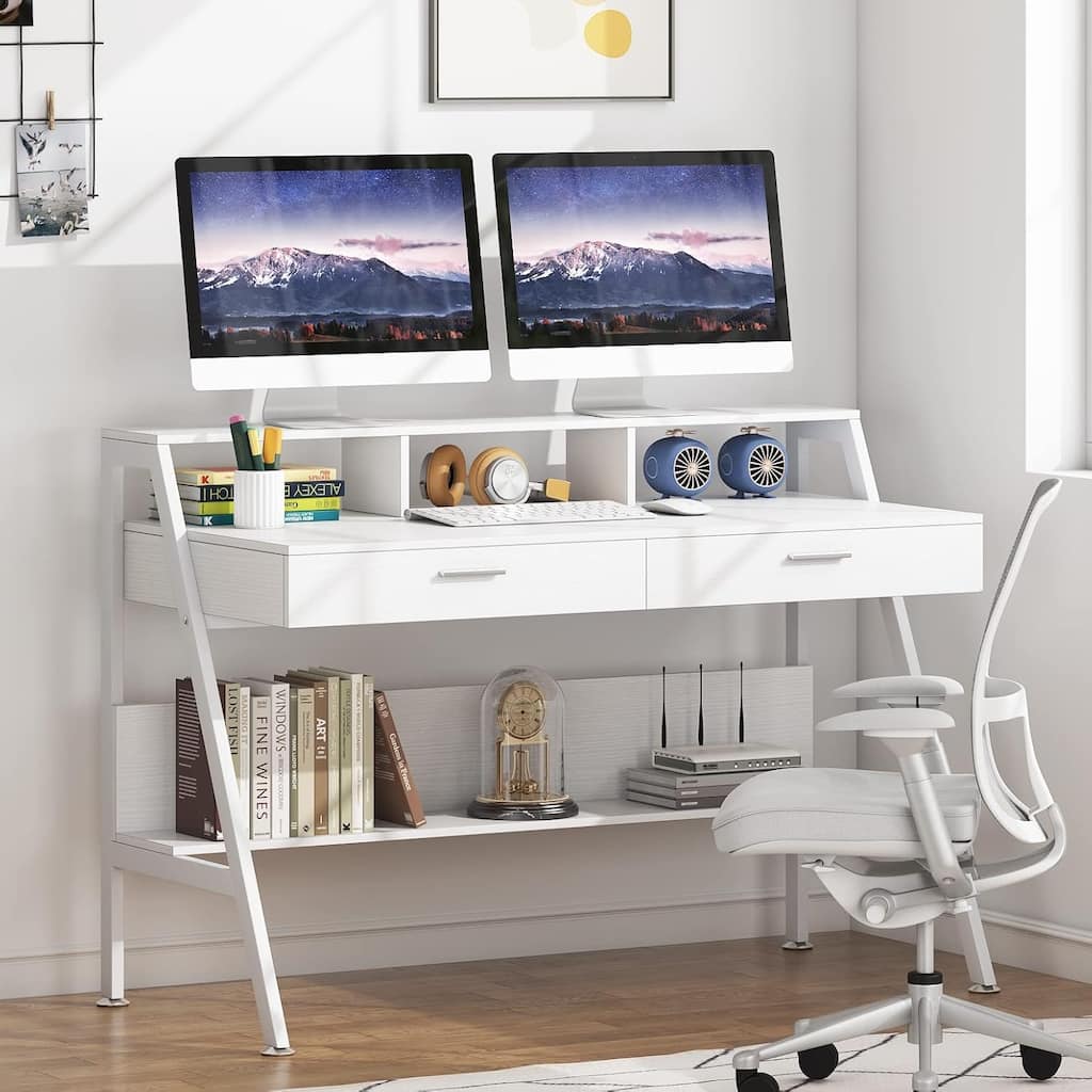 47 Inches White Engineered Wood Computer Desk with Storage Shelf & Monitor Stand Riser