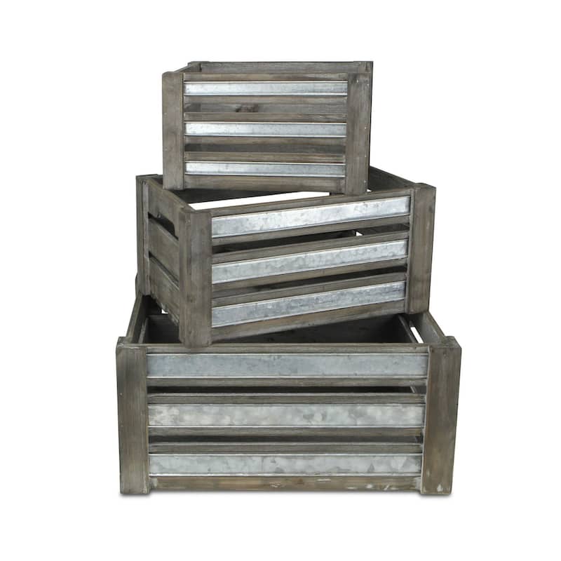 Set of 3 Gray and Silver Galvanized Handcrafted Crates 18"
