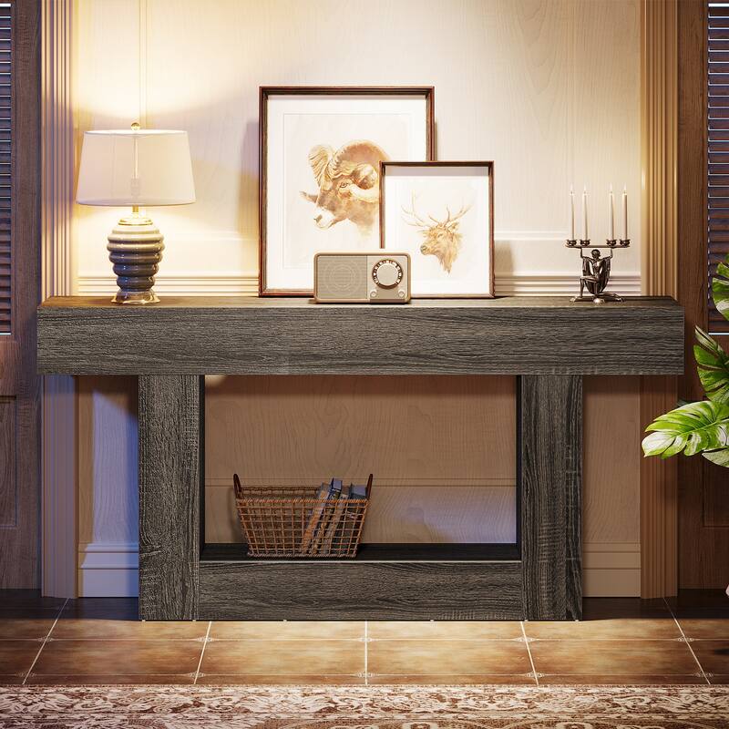 63 Inches Brown and Gray Narrow Long Wood Console Table for Entryway