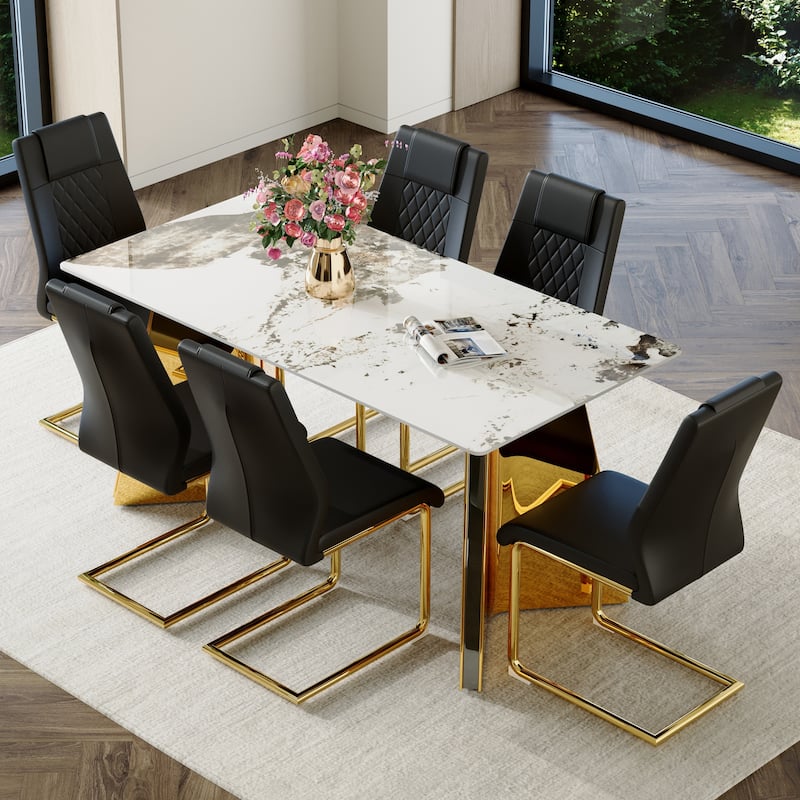 7-Piece Luxury Dining Table and Chair Set, Stone Tabletop Rectangular Table with Stainless Steel Butterfly Legs and 6 PU Chairs
