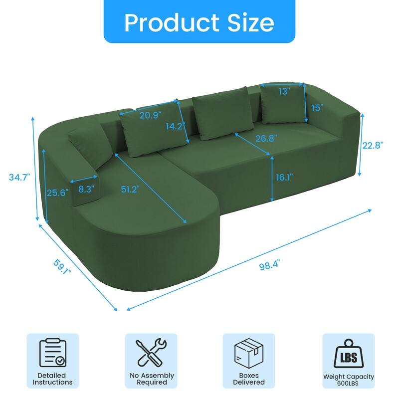 Mixoy 98 inch Chenille L Shape Sectional Sofa with Curved Chaise,Modern Cloud 3 Seater Sofa Couch