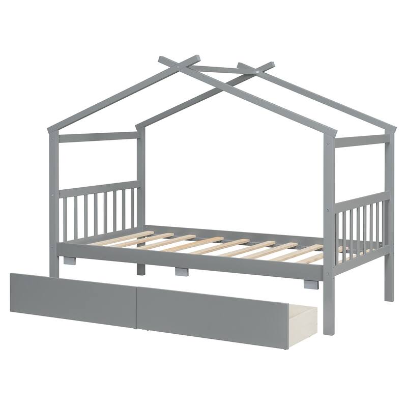 Twin Size House Bed with Storage Drawers and Solid Wood Frame
