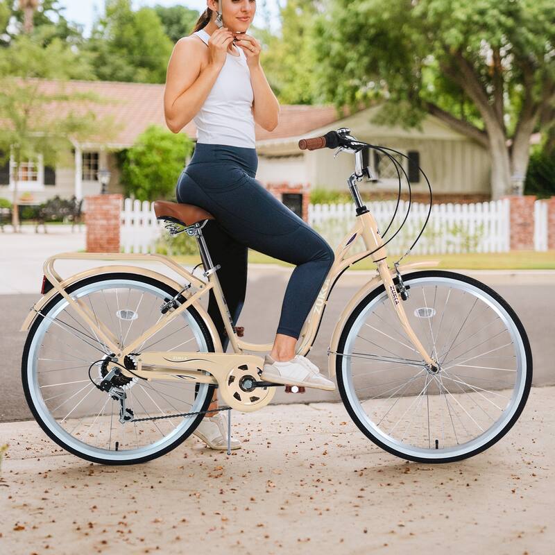 26 Inch Women's Bike, 7-Speed Shimano Shifter, Steel Frame, City Commuter Bicycle with Brown Leather Saddle and V Brakes