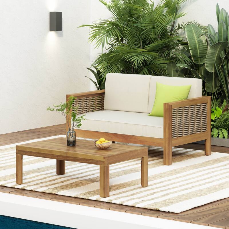 Roomfitters Acacia Wood and Wicker Loveseat Patio Set with Cushions and Coffee Table, Teak Beige