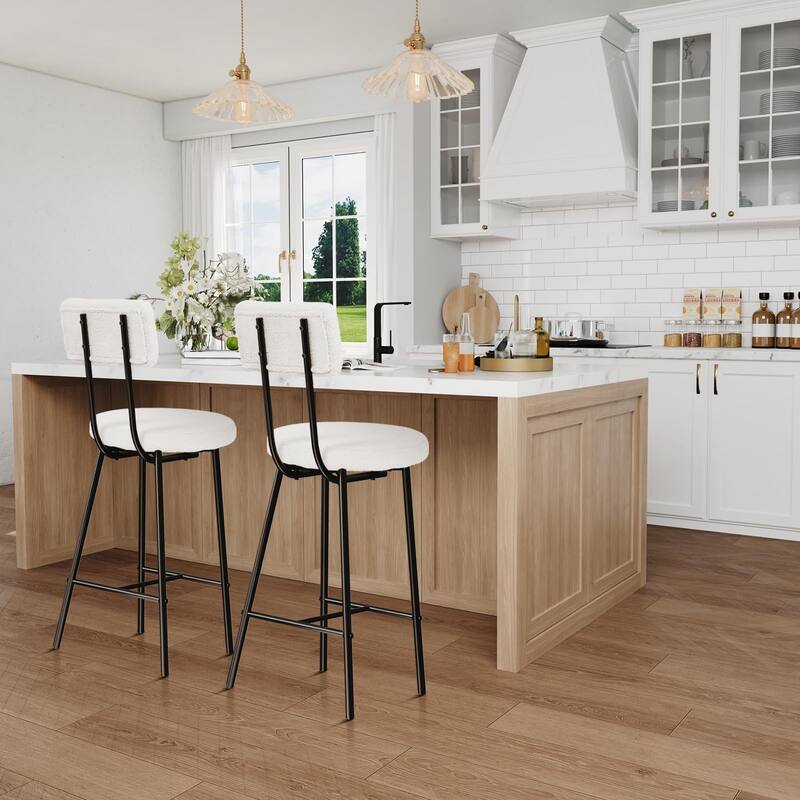 Boucle Upholstered Bar Stools Set of 2, Modern Counter Height Bar Chairs with High Back, Footrest and Metal Leg