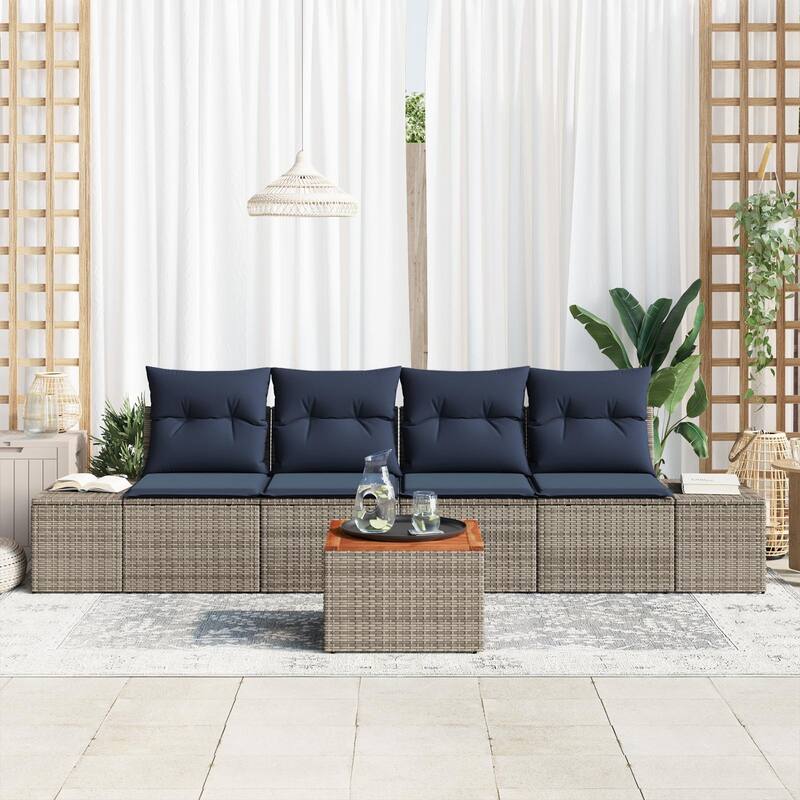 vidaXL 5 Garden Sofa Set with Cushions Black/Grey Poly Rattan - 115.7 x 24.4 x 27.2