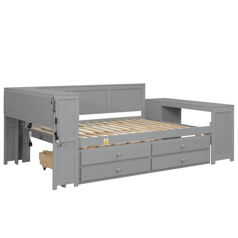 Bookcase Storage Bed, Full Size Daybed with Storage Shelves, Drawers, Trundle, Charging Station, Light, Desk and Cabinet