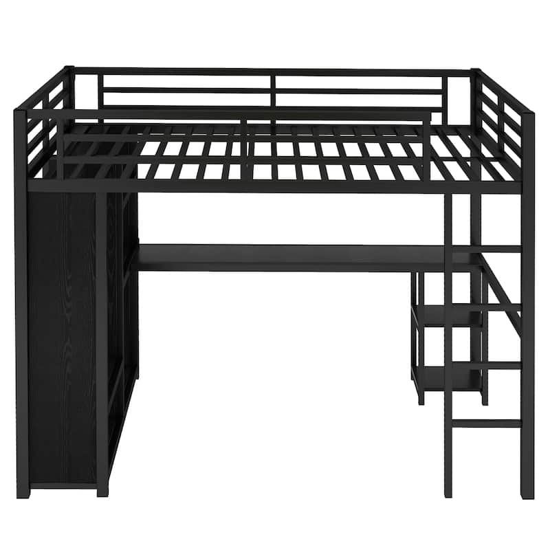 Full Metal Loft Bed Frame with Built-in Wardrobe, Desk and Shelves