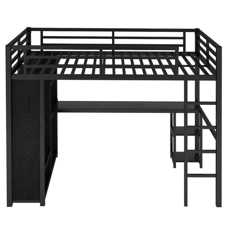 Full Size Metal Loft Bed with Wardrobe, Desk & Storage Shelves - Space Saving Black Frame
